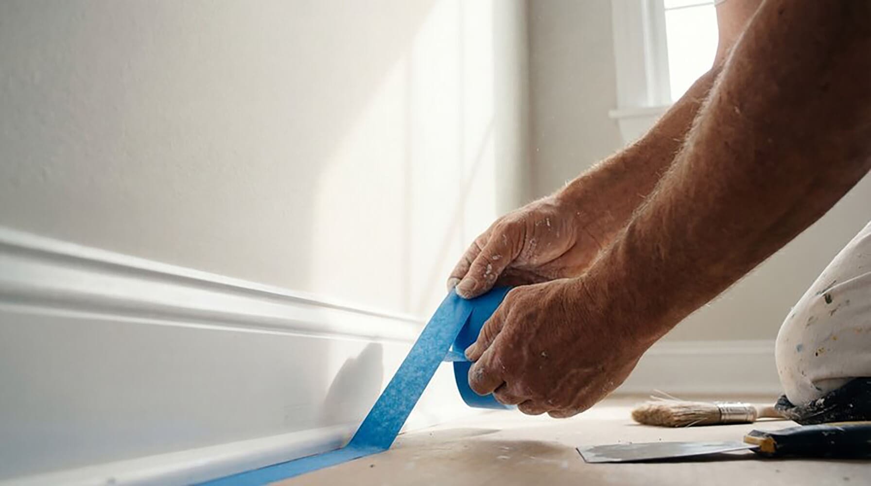 Professional painter applying blue painter's tape along baseboard trim during interior wall preparation.
