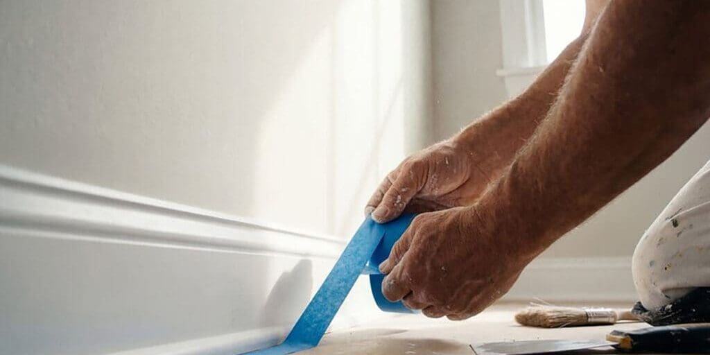 Professional painter applying blue painter's tape along baseboard trim during interior wall preparation.