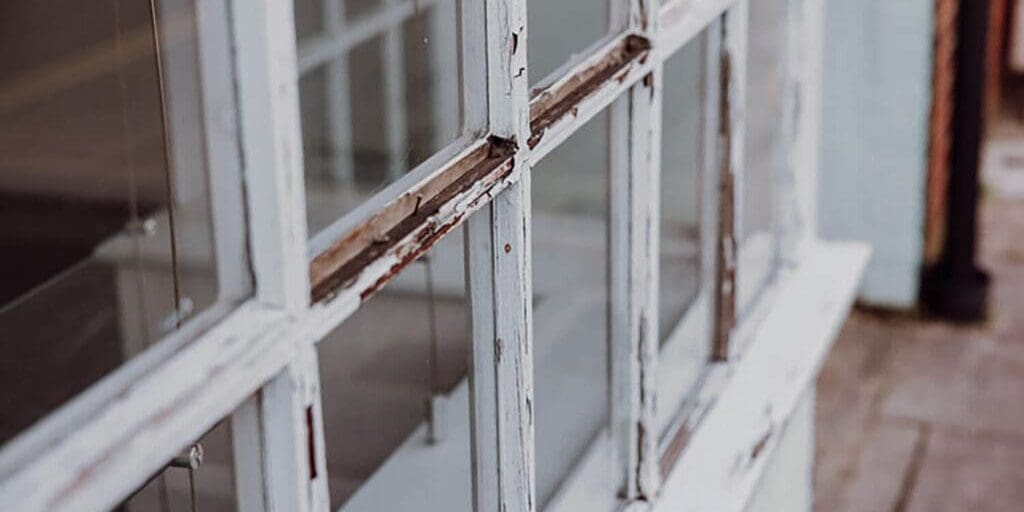 Peeling paint and deteriorating wood trim on an exterior window frame showing early signs of wood rot.